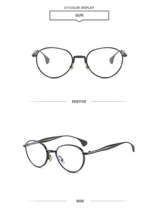 Vues détaillées de face et de côté de lunettes de soleil rondes en métal gris avec verres clairs