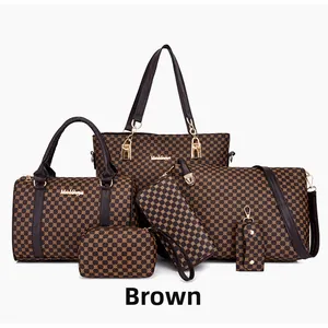 Detailed set of 6 brown geometric pattern synthetic leather handbags with gold hardware