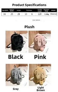 Detailed size chart and four colors of cute plush bunny ear backpacks with soft texture
