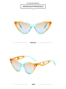 Détails des lunettes de soleil œil-de-chat aux verres dégradés et branches avec perles