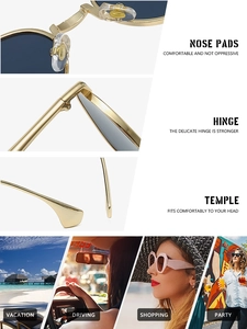 Détails de lunettes de soleil en métal doré montrant les plaquettes et scènes de voyage