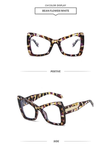 Detailed views of oversized cat-eye sunglasses with bean flower pattern and gold accents