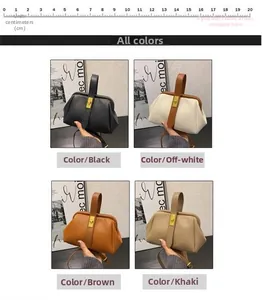 Detail view of four shell bag colors with size scale and metal clasp features