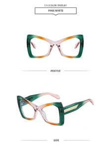 Macro detail of oversized geometric sunglasses showing green-orange-pink gradient frame