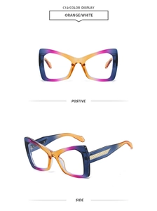 Detail of oversized geometric sunglasses featuring golden woven temple decor and gradient frames