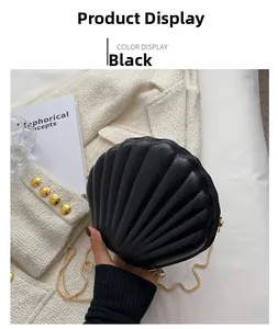 Detail of black shell crossbody bag with fine lychee texture and pearl zipper charm