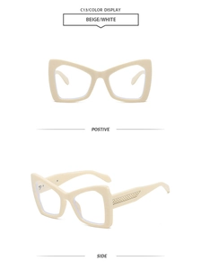 Detail view of beige oversized geometric sunglasses showing side temple weave texture