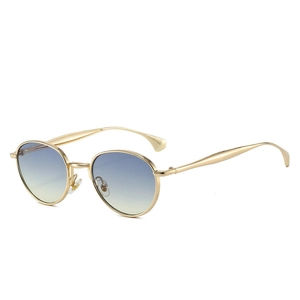 Lunettes de soleil rondes rétro avec monture dorée et verres dégradés bleu et jaune