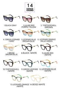 Detailed grid showing 14 available color choices for polygon frame sunglasses with metal temples
