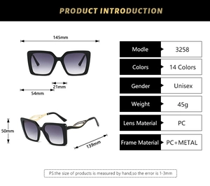 Detailed technical diagram of square frame sunglasses with gold temples and grey lenses