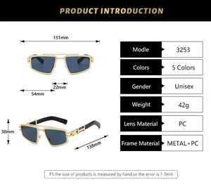 Detailed size specifications for metal double bridge punk sunglasses with dimensions