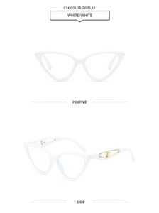 Détails des lunettes de soleil œil de chat blanches avec décor doré et perle sur branche