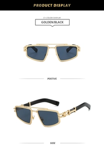 Detailed view of punk metal double bridge sunglasses with golden frames and black lenses