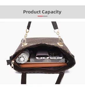 Brown monogram tote bag showing large capacity for umbrella, phone, and tablet