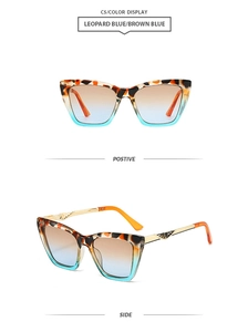 Detail of leopard print sunglasses featuring golden metal temples and blue-brown lenses