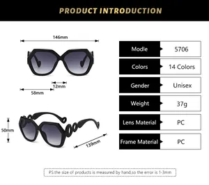 Size chart showing 146mm total width and 5706 model dimensions for geometric sunglasses