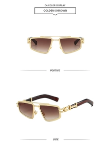 Detail of gold metal double bridge sunglasses with brown gradient lenses in a punk style