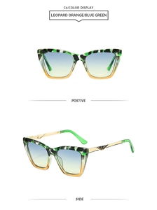 Detail of leopard print cat-eye sunglasses with blue-green gradient lenses and gold temples
