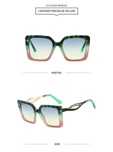 Detail view of square sunglasses featuring green leopard pink frames and blue-yellow lenses