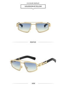 Macro detail of golden metal frame sunglasses with blue-yellow gradient lenses and side view
