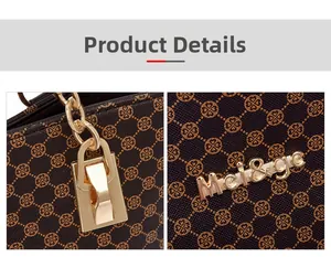 Macro detail of dark brown clover pattern handbag with light gold hardware and metal plaque