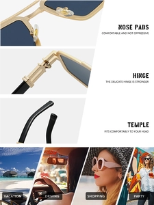 Detail view of gold metal double bridge sunglasses with reinforced hinges and nose pads