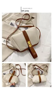 Detail of cream white shell bag showing lychee grain leather and gold metal twist lock