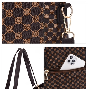 Detail of a brown tote bag with zipper pocket holding a smartphone and gold hardware