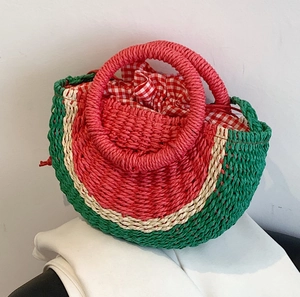 Watermelon Shaped Straw Woven Bag Summer Beach Vacation Handheld Crossbody Drawstring Closure For Women