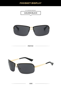 Détails de lunettes de soleil demi-cerclées dorées avec verres ovales sous deux angles