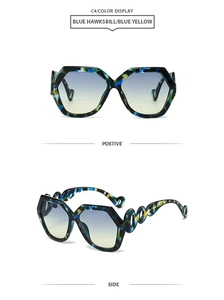 Detail of blue hawksbill geometric sunglasses featuring hollow ring temple decorations