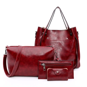 Set de 4 piezas de bolso tote rojo oscuro con bandolera y cartera en cuero sintético