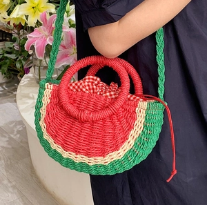 Creative watermelon straw woven tote bag with adjustable shoulder strap and drawstring liner