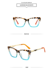 Detail view of cat eye sunglasses with leopard and blue frames and gold metal temples