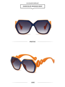 Detailed front and side view of hexagonal sunglasses in navy blue and orange