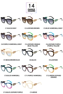 Detailed grid showing 14 stylish polygon sunglasses in various colors and gradient lenses