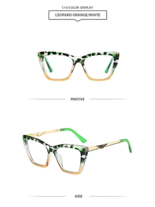 Detail of leopard orange cat-eye sunglasses with gold metal temples and green tips