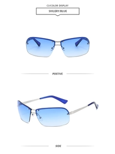Vues de face et de profil de lunettes de soleil demi-cerclées argentées avec verres bleus