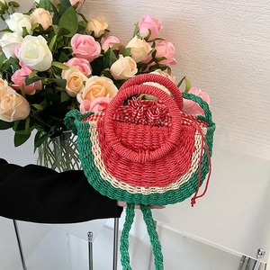 Watermelon straw bag with dual handles and crossbody strap for beach summer vacations