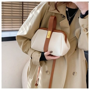 Detailed view of cream and brown vintage shell bag with gold lock and top handle