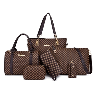 Deep brown 6-piece handbag set with geometric patterns and golden metal hardware