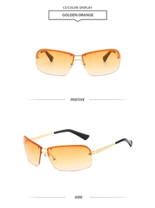 Vue détaillée de lunettes de soleil ovales demi-cerclées avec monture dorée et verres dégradés