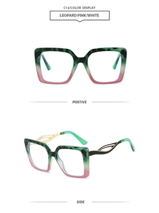 Detail view of square leopard print frames with hollow gold metal temples and gradient pink finish