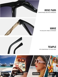 Detailed views of comfort nose pads, sturdy hinges, and ergonomic temples of sunglasses