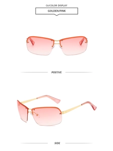 Vue détaillée de lunettes de soleil ovales dégradé rose avec monture dorée demi-cerclée