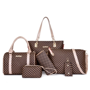Brown 6-piece handbag set with geometric pattern and golden hardware on white background