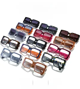 Detailed view of square oversized sunglasses showing various colors and temple measurements