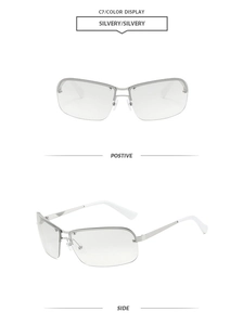 Détail des lunettes de soleil ovales argentées Y2K avec verres gris et branches blanches