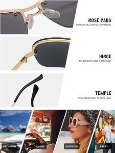 Détails des plaquettes de nez réglables, charnières et branches sur lunettes de soleil
