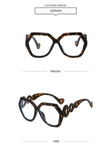 Macro detail of leopard tortoise shell geometric sunglasses with chain hollowed temples